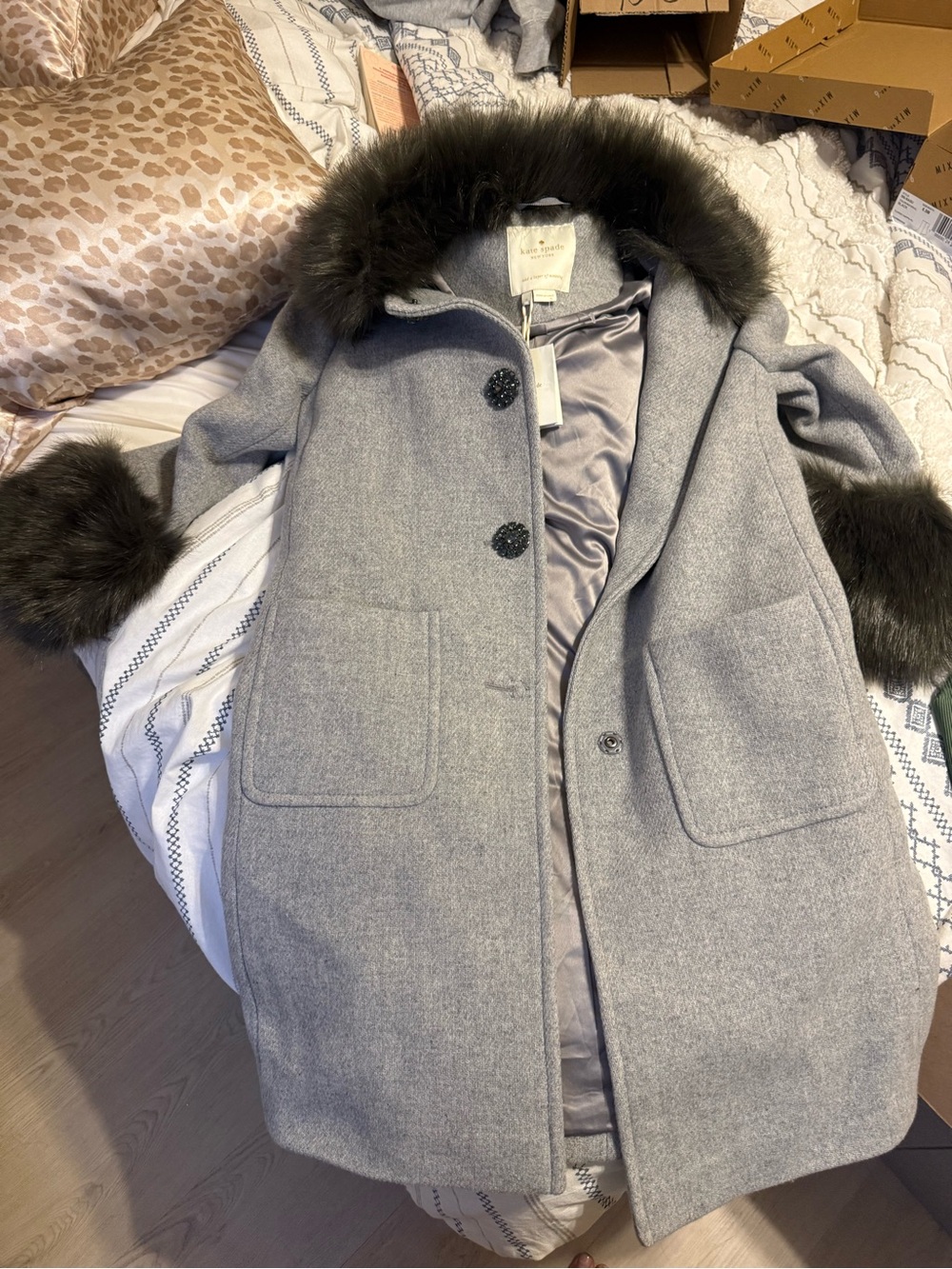 kate spade Gray Wool Pea Coat with Dark Fur Trim